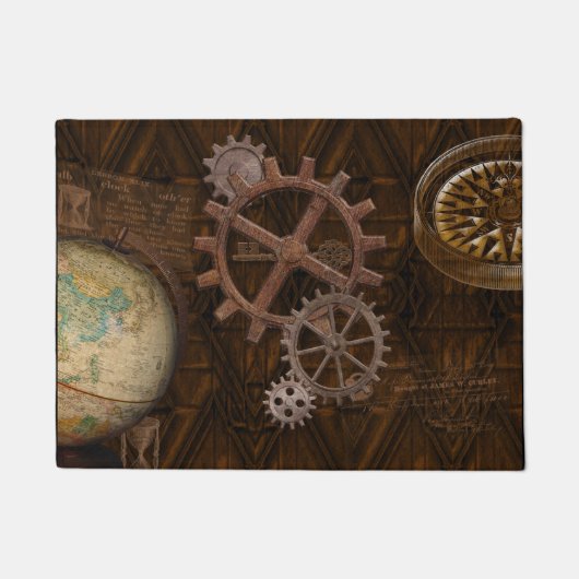 Steampunk Cogs , Gears, Globe & Skelton Key Fußmatte (Vorderseite)