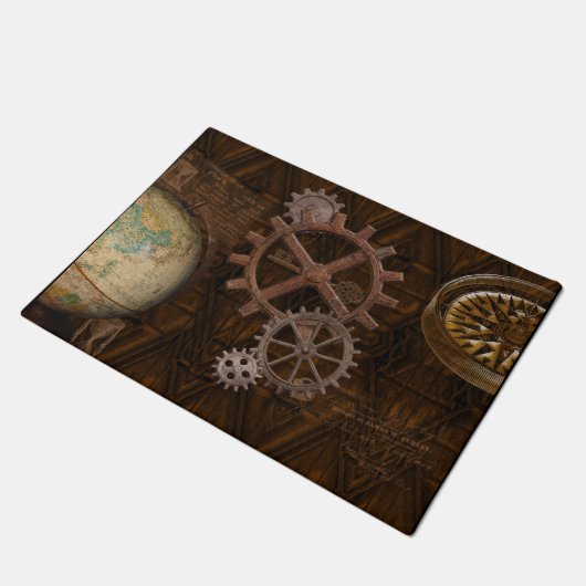 Steampunk Cogs , Gears, Globe & Skelton Key Fußmatte (Schrägansicht)