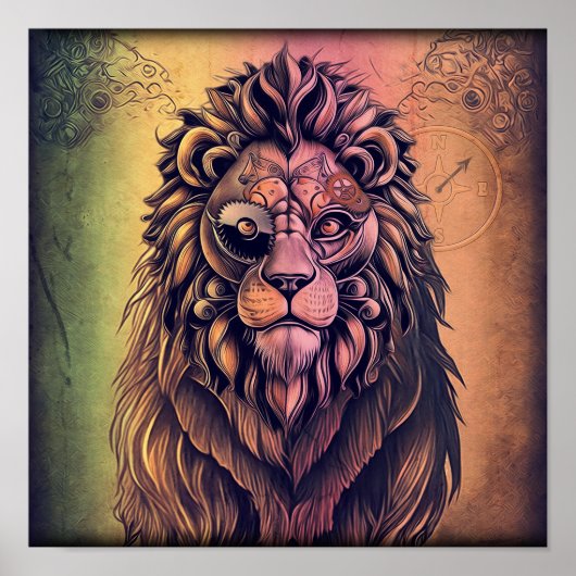 Steampunk Color Gradient Rustikale Lion Poster (Vorne)