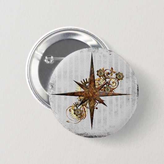 Steampunk Compass Star Grunge Button (Vorne & Hinten)