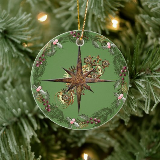 Steampunk Compass Star & Wreath individuell anpass Keramik Ornament (Baum)
