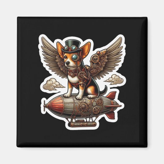 Steampunk Corgi Adventure Sticker - Whimsical Flyi Magnet (Vorne)