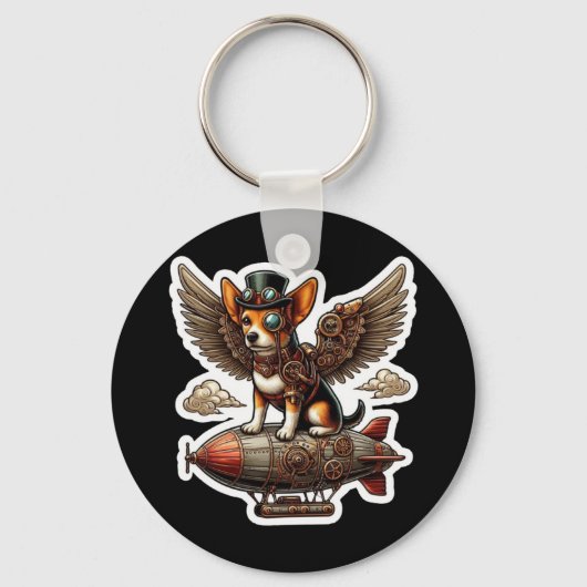 Steampunk Corgi Adventure Sticker - Whimsical Flyi Schlüsselanhänger (Vorderseite)