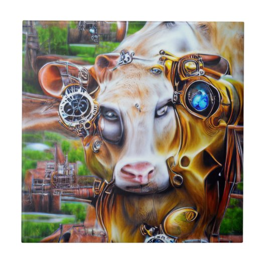 Steampunk Cyber Cow Fliese (Vorderseite)