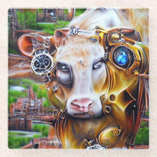 Steampunk Cyber Cow Glasuntersetzer (Vorderseite)