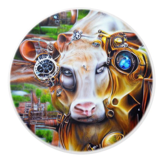 Steampunk Cyber Cow Keramikknauf (Vorderseite)