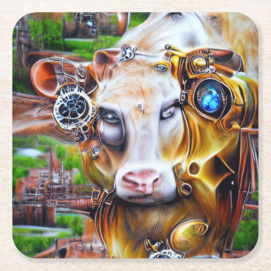 Steampunk Cyber Cow Rechteckiger Pappuntersetzer (Vorderseite)