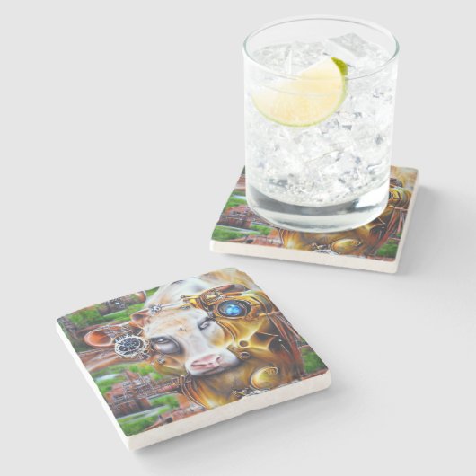 Steampunk Cyber Cow Steinuntersetzer (Seitenansicht)