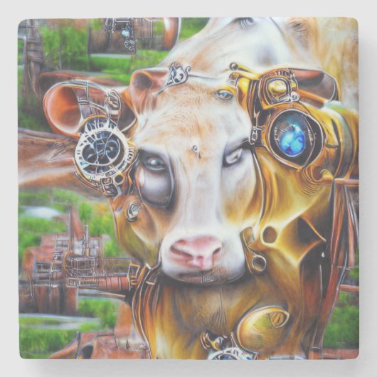 Steampunk Cyber Cow Steinuntersetzer (Vorderseite)