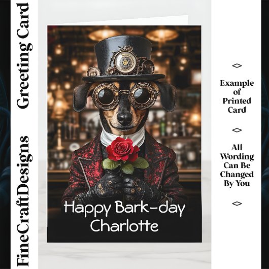 Steampunk Dackel Hund + Rose AH10 Geburtstag Karte
