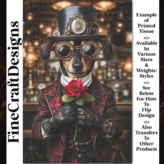 Steampunk Dackel Hund + Rote Rose AH1O Decoupage Seidenpapier