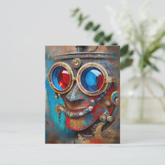 Steampunk Das Zin-Man-Portrait Postkarte (Stehend Vorderseite)