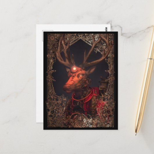 Steampunk Deer Vintag Style Postcard Postkarte (Vorderseite/Rückseite Beispiel)
