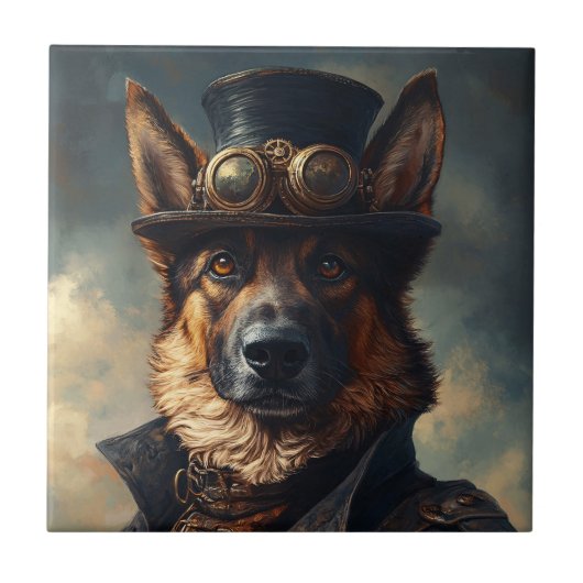 Steampunk Deutscher Schäferhund mit Zylinder Fliese (Vorderseite)