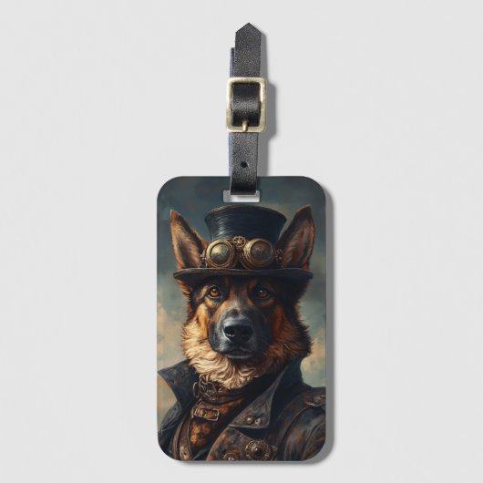 Steampunk-Deutscher-Schaferhund mit Zylinder Gepäckanhänger (Vorderseite Vertikal)