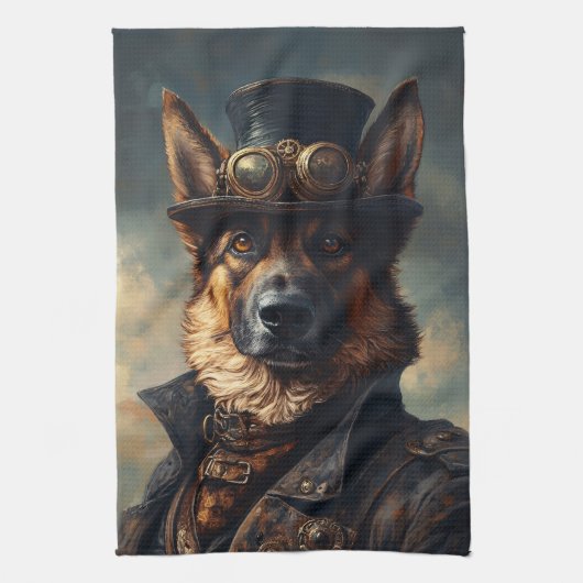 Steampunk Deutscher Schäferhund mit Zylinder Geschirrtuch (Vertikal)