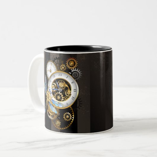 Steampunk-Dialoge mit Drachenfliege Zweifarbige Tasse (Vorderseite Links)