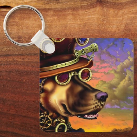 Steampunk Digital Art Dog Portrait Schlüsselanhänger (Vorderseite)