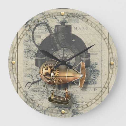 Steampunk Dirigible Balloon Ride Große Wanduhr (Vorderseite)