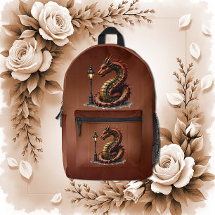 Steampunk Dragon neben einer Vintagen Straßenlater Bedruckter Rucksack