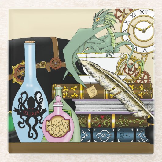 Steampunk Dragon Pooks Books Glasuntersetzer (Vorderseite)