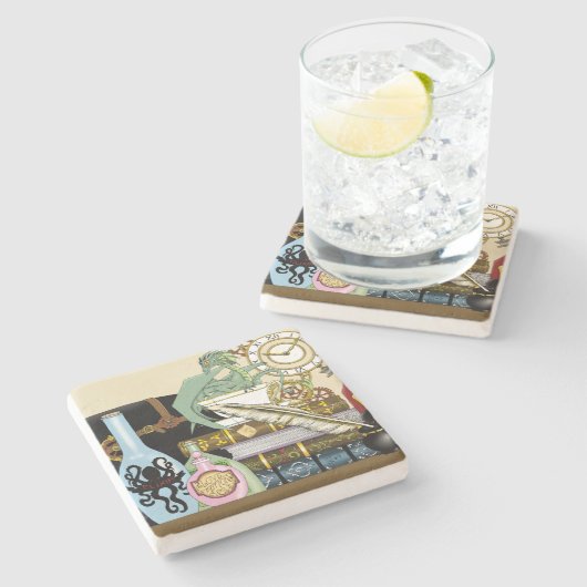 Steampunk Dragon Pooks Books Steinuntersetzer (Seitenansicht)