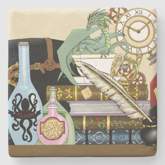 Steampunk Dragon Pooks Books Steinuntersetzer (Vorderseite)