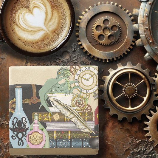 Steampunk Dragon Pooks Books Steinuntersetzer