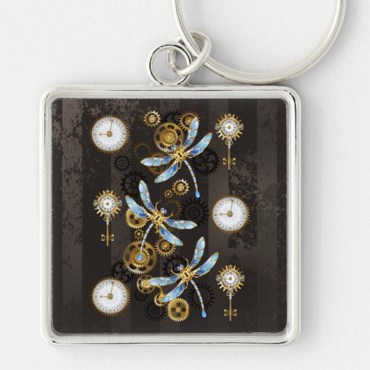 Steampunk Dragonflies on brown striped background Schlüsselanhänger (Vorne)