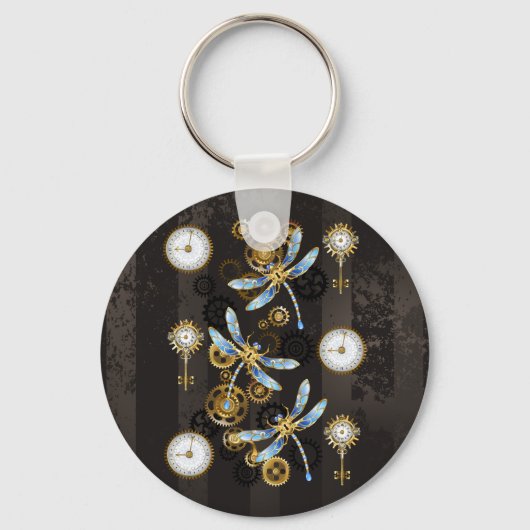 Steampunk Dragonflies on brown striped background Schlüsselanhänger (Vorderseite)