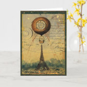 Steampunk Eiffelturm & Heißluftballon Karte (Gelbe Blume)
