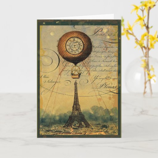 Steampunk Eiffelturm & Heißluftballon Karte (Gelbe Blume)