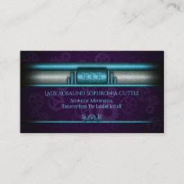 Steampunk, Eisblau, lila Zahnräder, Monogramm Visitenkarte