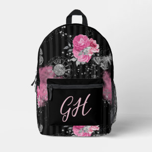 Steampunk-Eleganz rosa Rosen auf Schwarz Bedruckter Rucksack