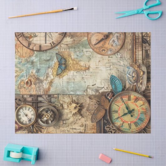 Steampunk Ephemera Clock Map Gears Decoupage Seidenpapier (Basteln)