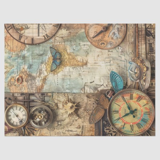 Steampunk Ephemera Clock Map Gears Decoupage Seidenpapier (Vorderseite)