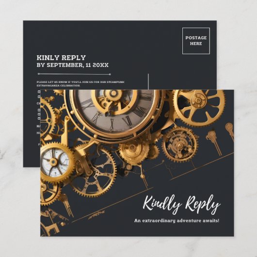 Steampunk Extravaganza Vintage Uhrwerk UAWG Einladungspostkarte (Vorne/Hinten)