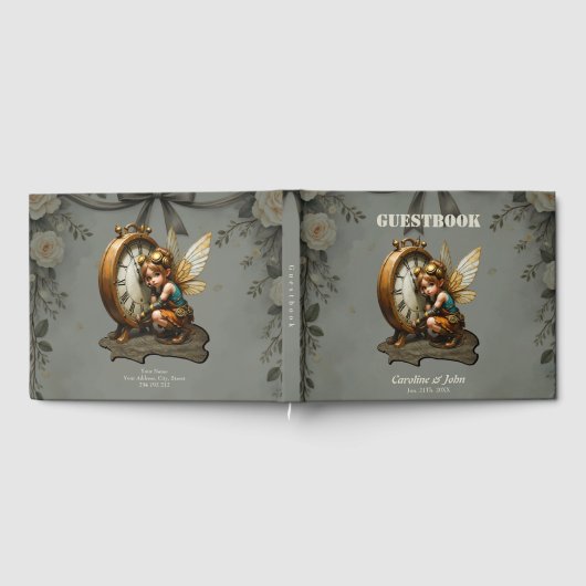 Steampunk Fairy mit Golden Wings & Antique Clock Gästebuch (Voll)