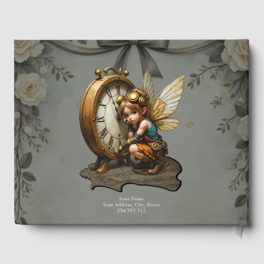 Steampunk Fairy mit Golden Wings & Antique Clock Gästebuch (Rückseite)
