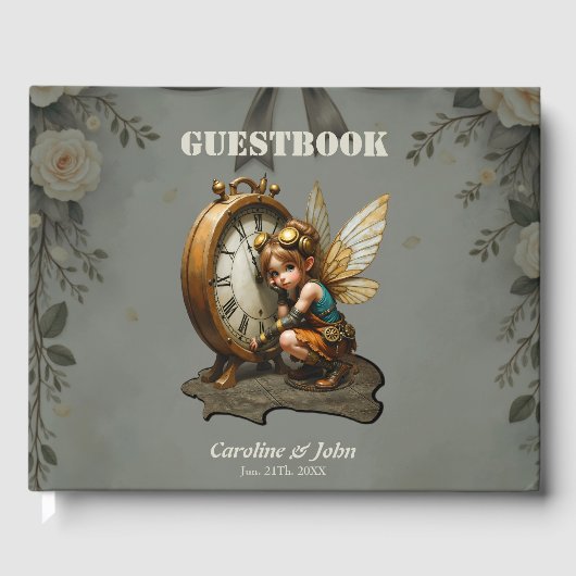 Steampunk Fairy mit Golden Wings & Antique Clock Gästebuch (Vorderseite)