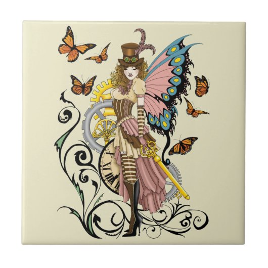 Steampunk Fairy Yellow Clock Gears Fliese (Vorderseite)
