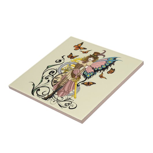 Steampunk Fairy Yellow Clock Gears Fliese (Seite)