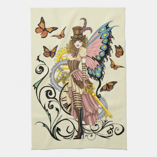 Steampunk Fairy Yellow Clock Gears Geschirrtuch (Vertikal)