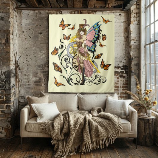 Steampunk Fairy Yellow Clock Gears Wandteppich