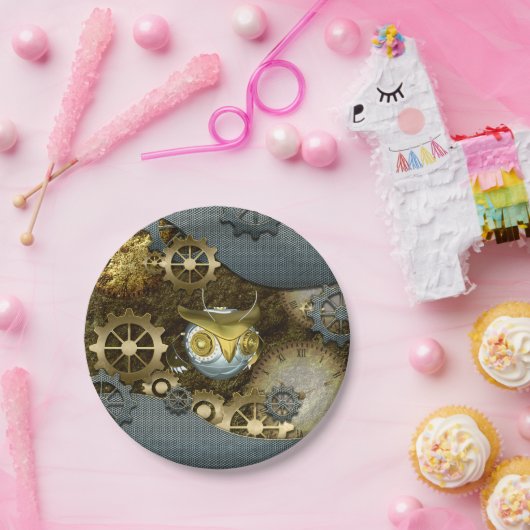 Steampunk, fantastische   mechanische Eule Pappteller (Party)