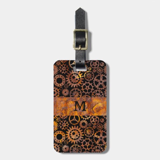 Steampunk Farbige Rostige Stahlzahnräder Monogramm Gepäckanhänger (Vorderseite vertikal)
