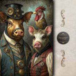 Steampunk Farm Animal Whimsical Vintage Decoupage Seidenpapier