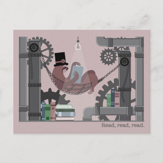 Steampunk-Faultier beim Lesen von Postkarten (Vorderseite)