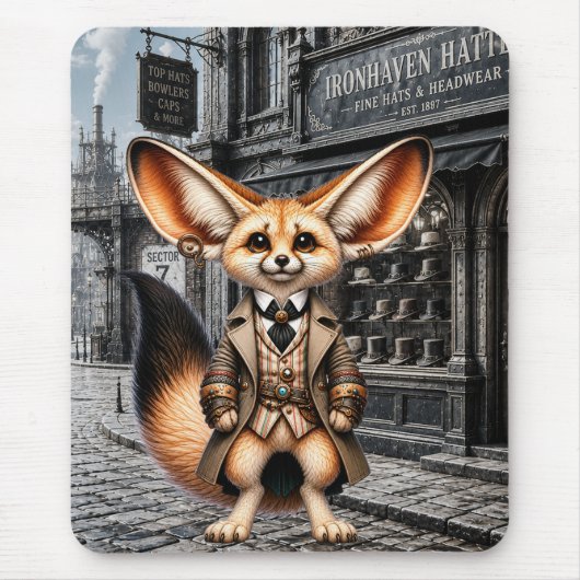 Steampunk Fennec Fuchs Gentleman im Hatter Shop Mousepad (Vorne)