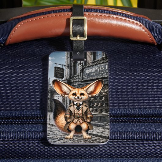 Steampunk Fennec Fuchs Gentleman im Hutladen Gepäckanhänger (Vorderseite Insitu 2)